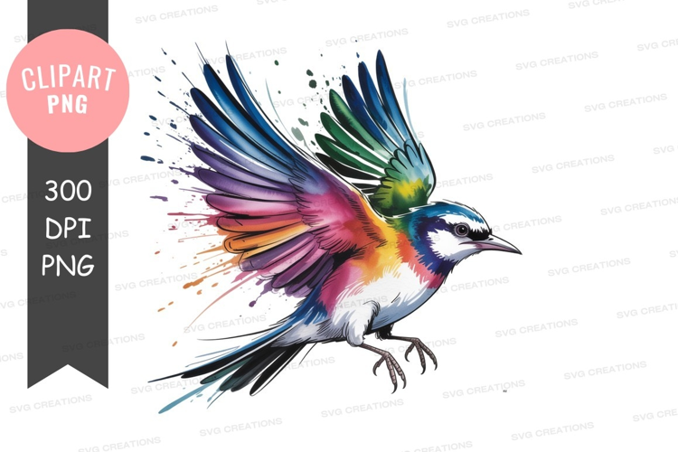 Colorful bird flying with paint splatters rainbow wings