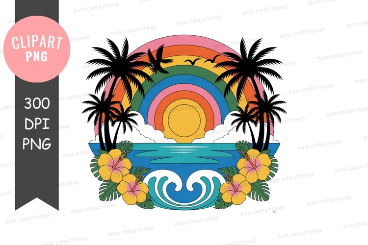 Tropical sunset rainbow ocean palm trees image
