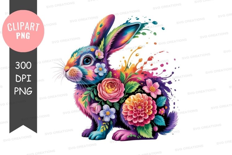 Colorful rabbit adorned with flowers floral artistic example image 1