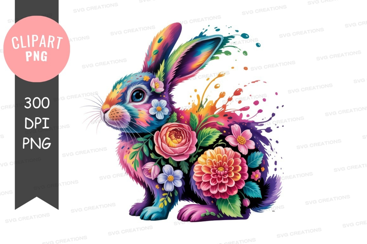 Colorful rabbit adorned with flowers floral artistic