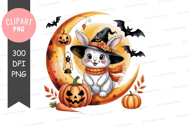 Cute white rabbit in witch hat on crescent moon with pumpkin