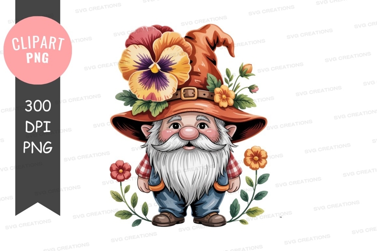 Whimsical garden gnome with flower hat clipart
