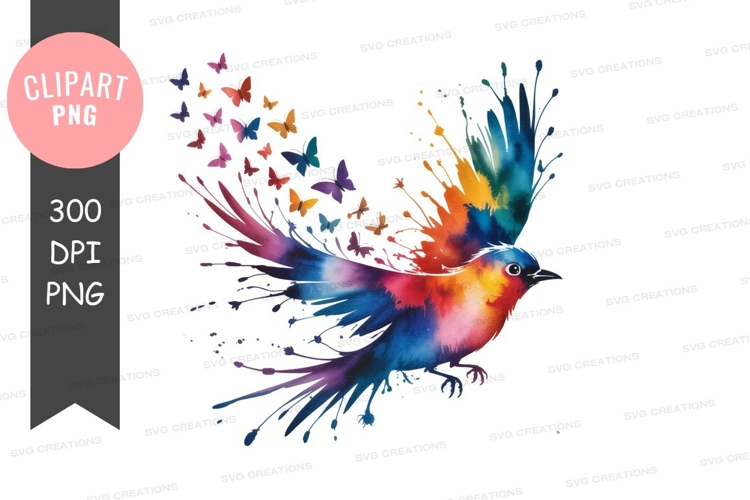 Vibrant watercolor bird transforming into butterflies