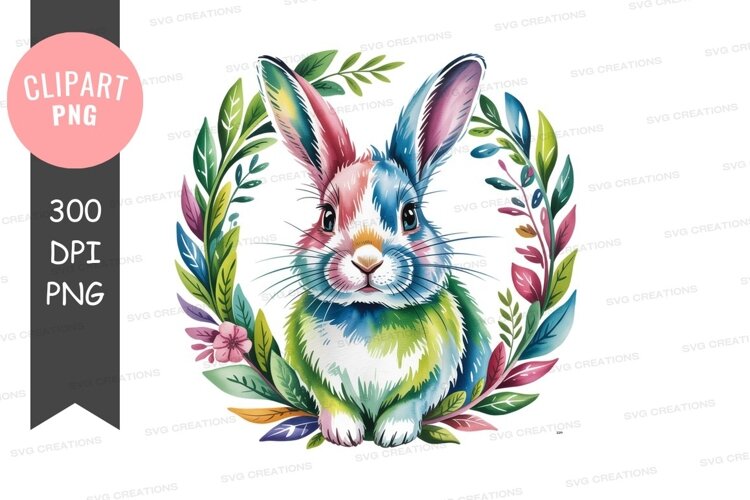 Colorful watercolor rabbit in floral wreath example image 1