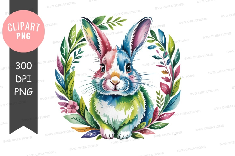 Colorful watercolor rabbit in floral wreath