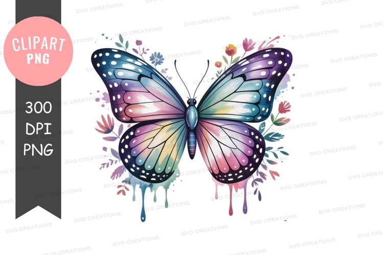 Watercolor rainbow butterfly with floral drips