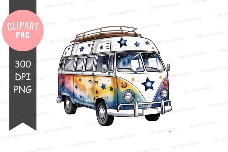 Watercolor starry hippie van clipart