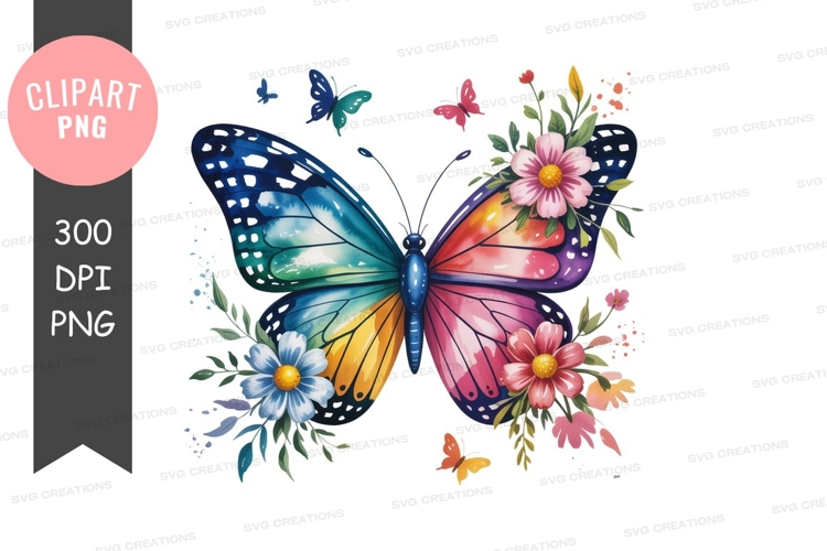 Vibrant watercolor butterfly with gradient wings and floral