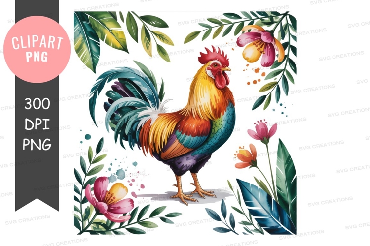 Vibrant watercolor rooster clipart with tropical flowers