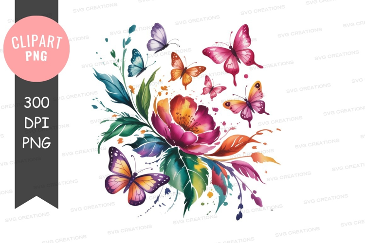 Vibrant watercolor flower bouquet with butterflies