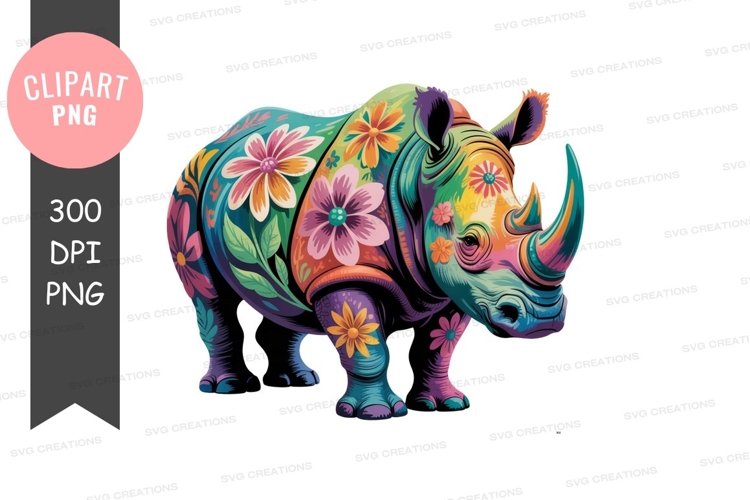 Vibrant floral pattern rhinoceros illustration