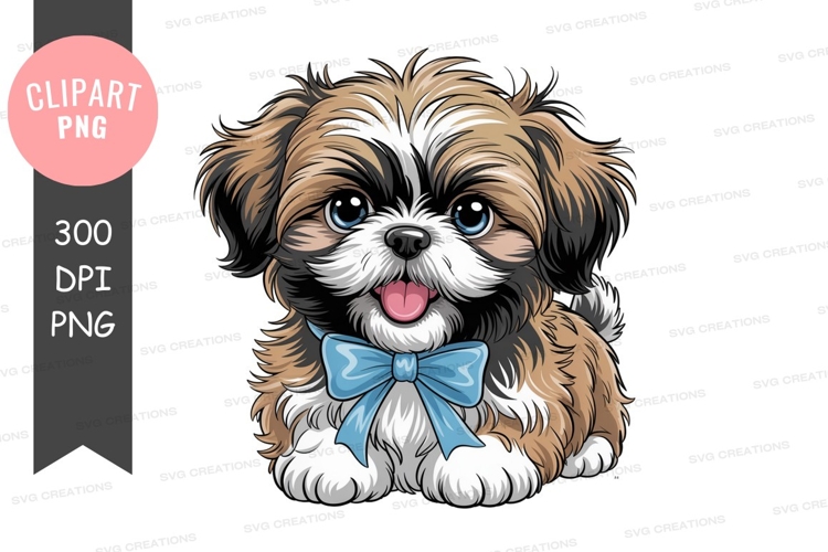 Cute fluffy puppy illustration with blue bow tie