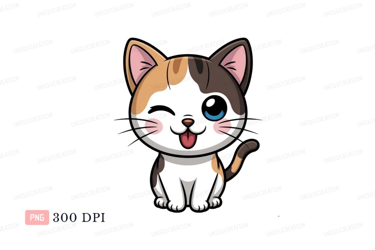 Format: Title: Cute calico cat with tongue out cartoon