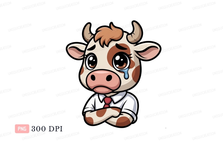 Sad cow crying wearing shirt and tie tears brown