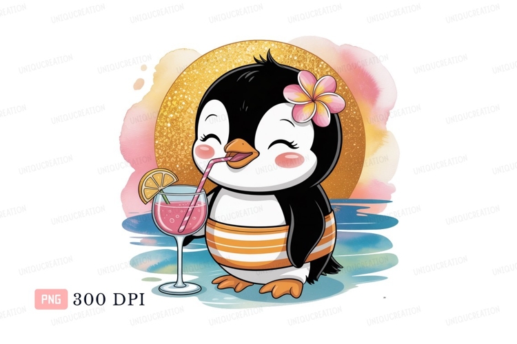 Cute penguin drinking cocktail summer tropical