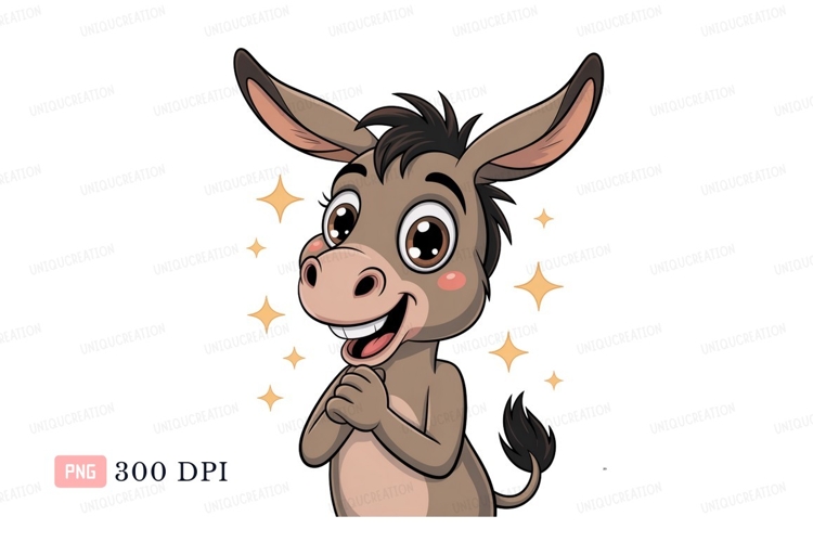 Format: Title: Happy donkey with sparkling stars cartoon