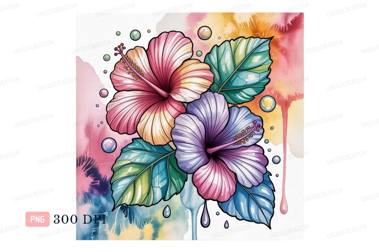 Colorful hibiscus flowers with watercolor splashes