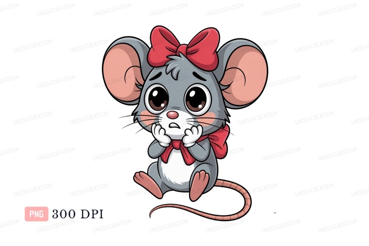 Worried gray mouse with red bow white