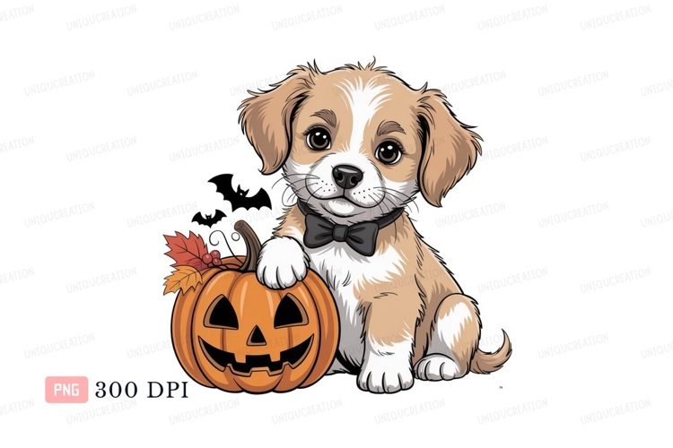 Adorable puppy with jackolantern halloween pumpkin
