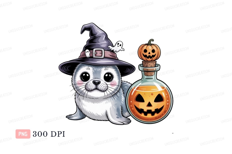 Cute seal witch with potion ghost pumpkin