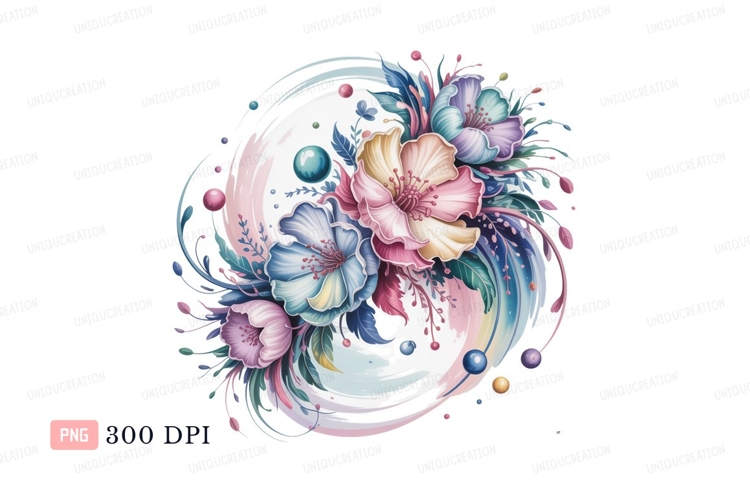 Format: Title: Pastel floral arrangement swirls flowers