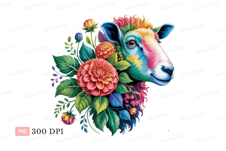 Format: Title: Colorful sheep adorned with vibrant flowers
