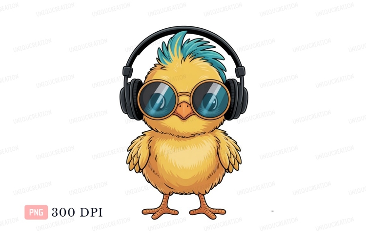 Yellow chick wearing headphones and sunglasses blue