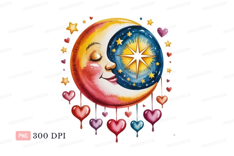 Smiling moon with star and hearts face