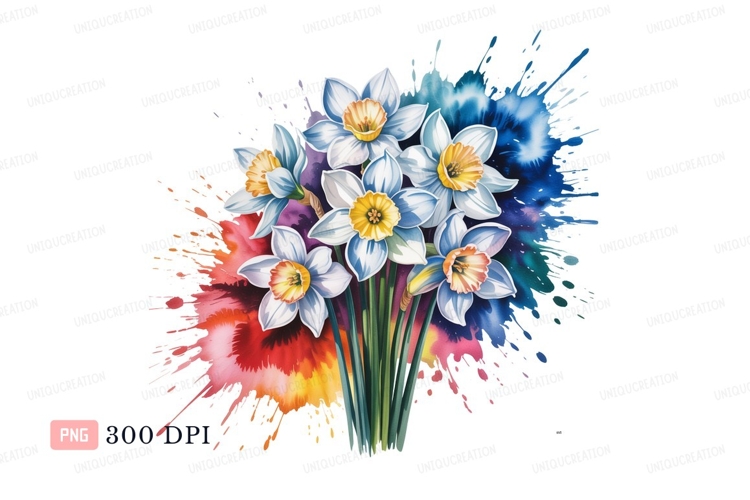 White daffodils vibrant watercolor splash yellow blue