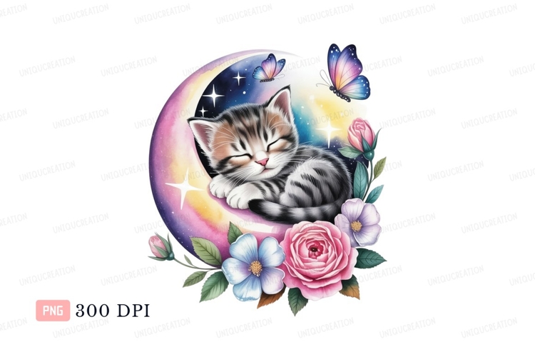 Sleeping kitten on moon with butterflies and flowers