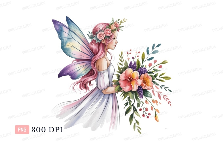 Pink haired fairy holding floral bouquet wings flowers