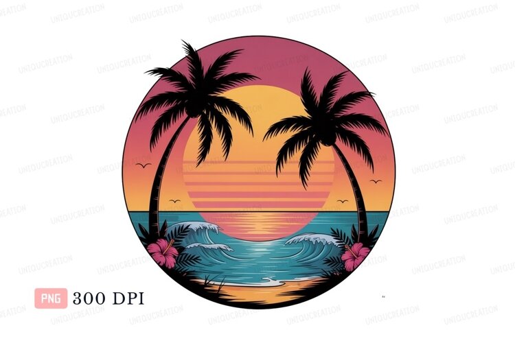 Tropical sunset beach scene with palm trees ocean (6090103)