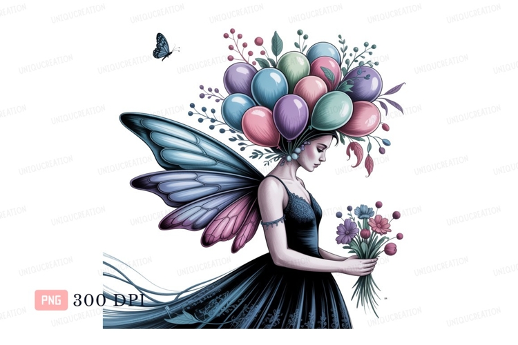 Fairy woman with balloons and butterfly flowers
