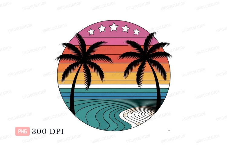 Tropical sunset beach scene ocean palm