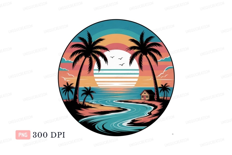 Format: Title: Tropical sunset beach scene with palm trees a