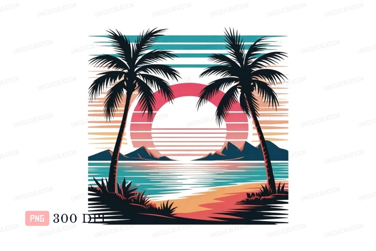 Tropical sunset beach palms ocean retro