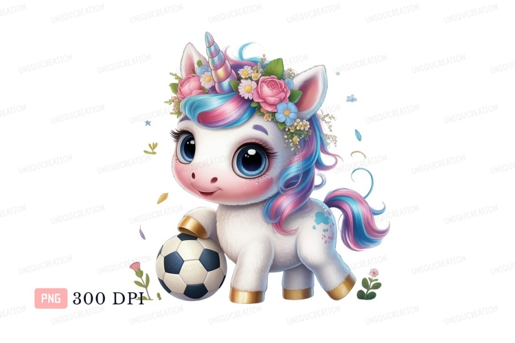 Cute unicorn with soccer ball and flowers fantasy animal