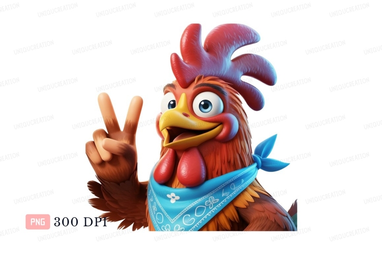 Cheerful cartoon rooster giving peace sign bird poultry