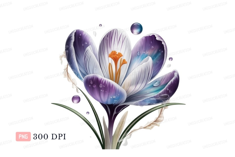 Purple white crocus flower water droplets orange