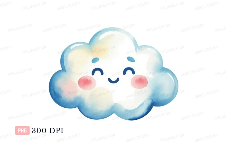 Happy blue cloud watercolor clipart P N G cute