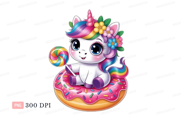 Cute unicorn with rainbow mane and lollipop donut