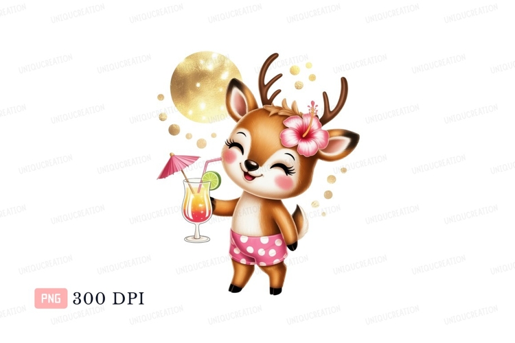 Cute deer with tropical drink and moon fawn animal