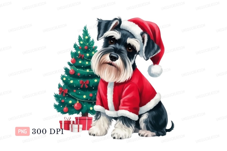 Festive schnauzer in santa suit with christmas tree