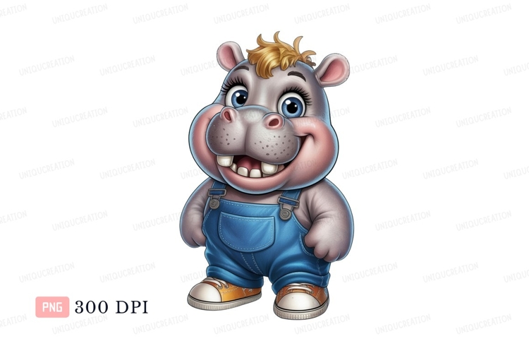 Happy cartoon hippopotamus wearing blue overalls image