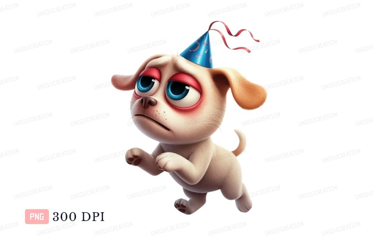 Sad puppy wearing party hat blue