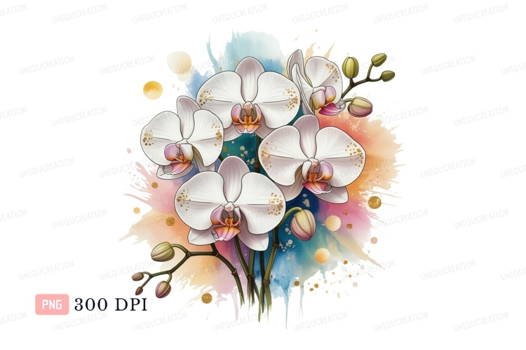 White orchid blooms watercolor splash pink yellow