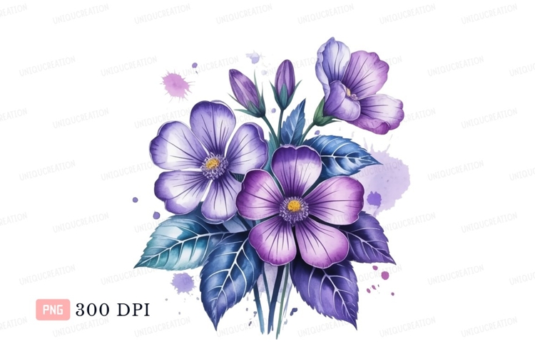 Purple floral bouquet watercolor splashes flowers