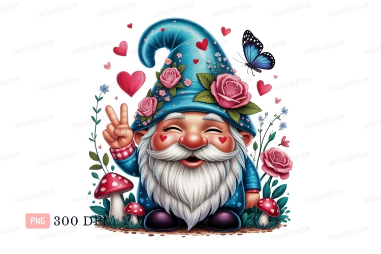 Cheerful gnome peace gesture surrounded by roses hearts