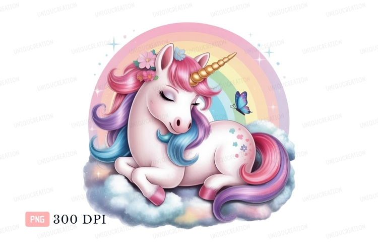 Pink unicorn resting on clouds with rainbow purple