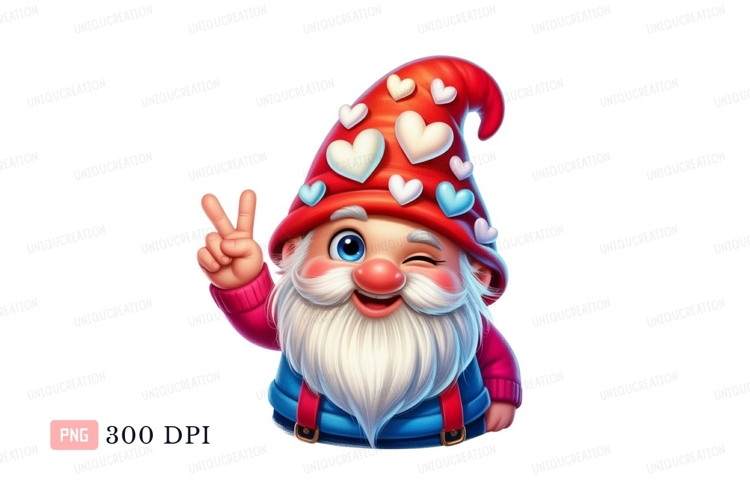 Cheerful gnome heart hat peace sign blue white